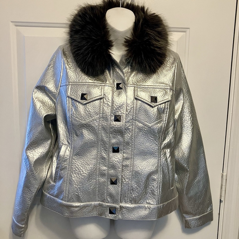 NEW Boston Proper Sz Medium Metallic Silver Faux Leather Fur Collar Moto Jacket